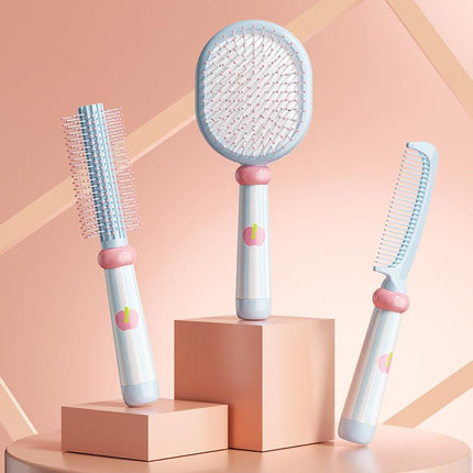 Blue 3-Piece Aesthetic Hair Brush Set - Detangling Air Cushion & Volumising Roller Comb with Hidden Cleaning Claw - Scalp Massage Styling Kit.
