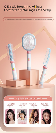 Blue 3-Piece Aesthetic Hair Brush Set - Detangling Air Cushion & Volumising Roller Comb with Hidden Cleaning Claw - Scalp Massage Styling Kit.