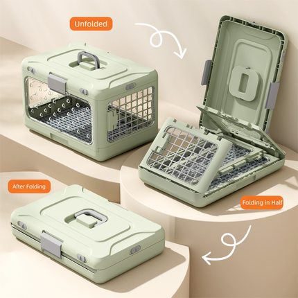 Green Premium Foldable Pet Carrier Crate - Breathable Aviation Travel Box for Cats & Small Dogs up to 10kg - Portable Car & Flight Transport Case.