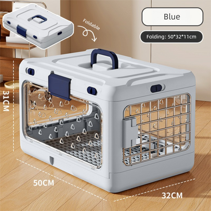 Blue Premium Foldable Pet Carrier Crate - Breathable Aviation Travel Box for Cats & Small Dogs up to 10kg - Portable Car & Flight Transport Case.