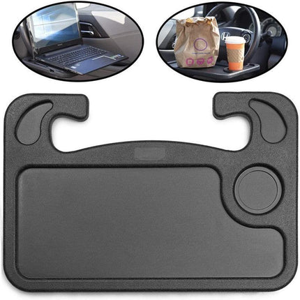 Black Portable Car Steering Wheel Tray - 2-in-1 Dual Sided Laptop Desk & Food Table with Cup Holder - Universal Auto Interior Accessory for Travel & Mobile Work.