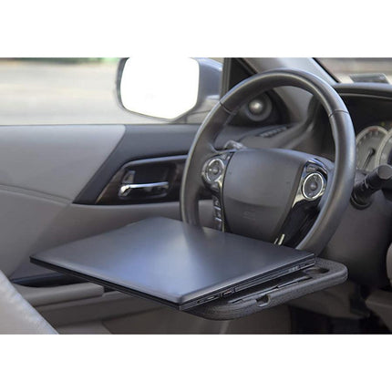 Black Portable Car Steering Wheel Tray - 2-in-1 Dual Sided Laptop Desk & Food Table with Cup Holder - Universal Auto Interior Accessory for Travel & Mobile Work.