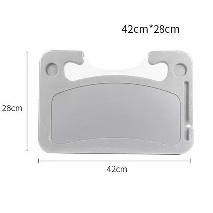 Grey Portable Car Steering Wheel Tray - 2-in-1 Dual Sided Laptop Desk & Food Table with Cup Holder - Universal Auto Interior Accessory for Travel & Mobile Work.