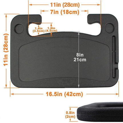 Grey Portable Car Steering Wheel Tray - 2-in-1 Dual Sided Laptop Desk & Food Table with Cup Holder - Universal Auto Interior Accessory for Travel & Mobile Work.