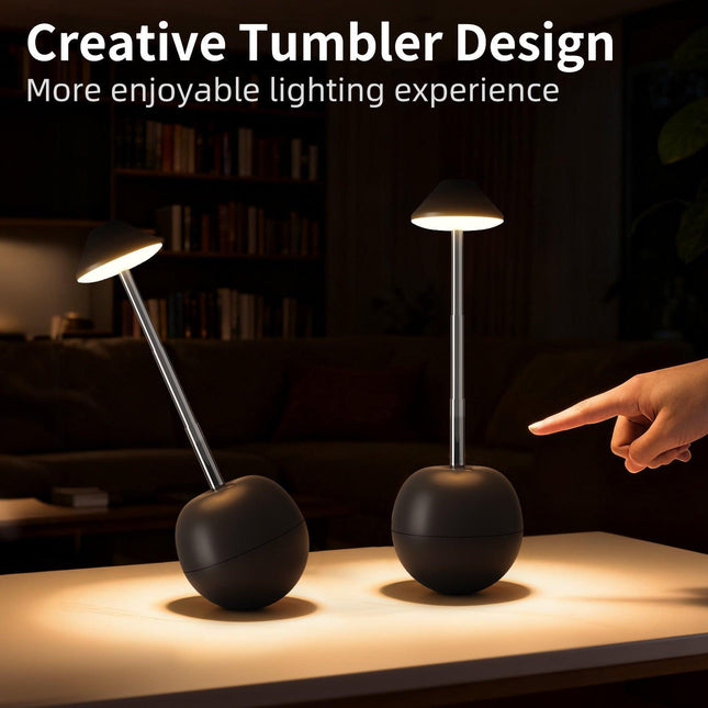 Black Creative Tumbler LED Night Light - Rechargeable RGB Desk Lamp with Remote Control - Height Adjustable, Brightness Adjustable, Bedside Ambient Light.