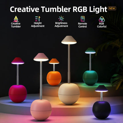 Black Creative Tumbler LED Night Light - Rechargeable RGB Desk Lamp with Remote Control - Height Adjustable, Brightness Adjustable, Bedside Ambient Light.