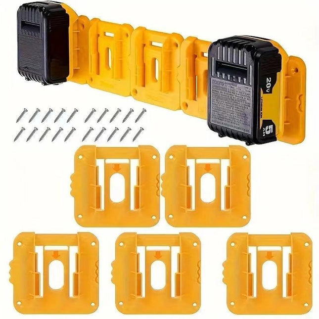 Yellow 5 Pack Battery Mount Holder for Dewalt 18V 20V 60V Lithium Batteries - Heavy Duty ABS Wall Storage Rack - Workshop Garage Organiser.