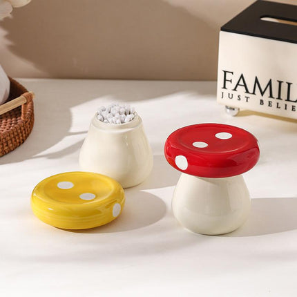 Red Stylish Mushroom Ceramic Toothpick Holder and Cotton Swab Jar for Home Kitchen Table Decor(Excluding cotton swabs, dental floss, etc.).