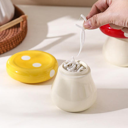 Red Stylish Mushroom Ceramic Toothpick Holder and Cotton Swab Jar for Home Kitchen Table Decor(Excluding cotton swabs, dental floss, etc.).