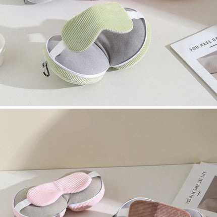 Beige and Grey 3-in-1 Foldable Sleep Eye Mask with Neck Pillow - Compact Travel Pillow for Airplane, Office Naps and Restful Sleep.