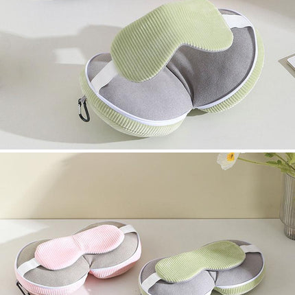 Beige and Grey 3-in-1 Foldable Sleep Eye Mask with Neck Pillow - Compact Travel Pillow for Airplane, Office Naps and Restful Sleep.