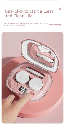 Grey Portable Sonic Wave Contact Lens Cleaner with LED Makeup Mirror - Automatic Electric Lens Cleaning Case for Daily Use.
