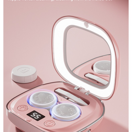 Purple Portable Sonic Wave Contact Lens Cleaner with LED Makeup Mirror - Automatic Electric Lens Cleaning Case for Daily Use.