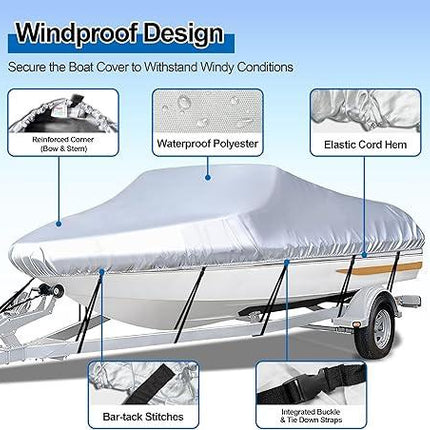 Grey Heavy Duty Waterproof Tarp Covers with Storage Bag, Fits V-Hull, Fish&Ski, Pro-Style, Fishing, Runabout, Bass Boats, 16-18FT(570cm*300cm).