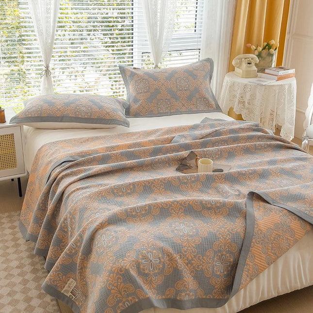 Grey and Orange Cotton Three-Layer Gauze Bed Cover Set - Reversible Vintage Printed Blanket with Two Pillowcases for Year-Round Use(200*230cm).