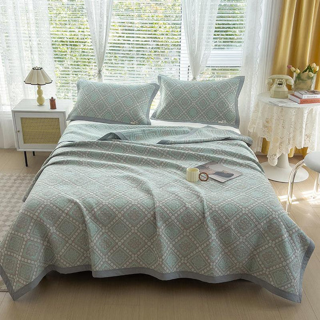 Grey and Green Cotton Three-Layer Gauze Bed Cover Set - Reversible Vintage Printed Blanket with Two Pillowcases for Year-Round Use(120*150cm).