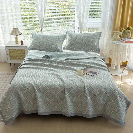 Grey and Green Cotton Three-Layer Gauze Bed Cover Set - Reversible Vintage Printed Blanket with Two Pillowcases for Year-Round Use(200*230cm).