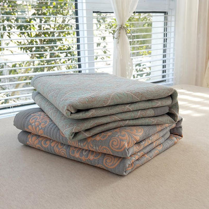 Grey and Green Cotton Three-Layer Gauze Bed Cover Set - Reversible Vintage Printed Blanket with Two Pillowcases for Year-Round Use(200*230cm).