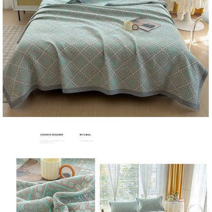 Grey and Green Cotton Three-Layer Gauze Bed Cover Set - Reversible Vintage Printed Blanket with Two Pillowcases for Year-Round Use(200*230cm).