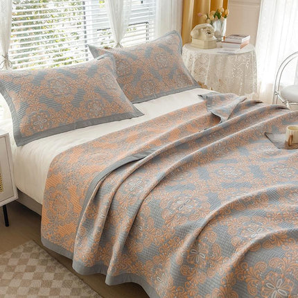 Grey and Green Cotton Three-Layer Gauze Bed Cover Set - Reversible Vintage Printed Blanket with Two Pillowcases for Year-Round Use(200*230cm).