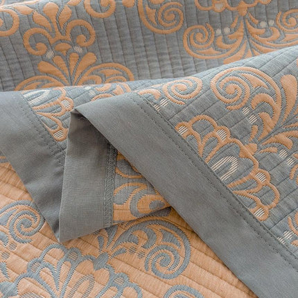 Grey and Green Cotton Three-Layer Gauze Bed Cover Set - Reversible Vintage Printed Blanket with Two Pillowcases for Year-Round Use(200*230cm).