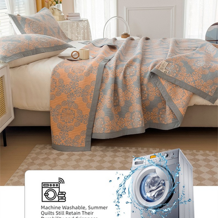 Grey and Green Cotton Three-Layer Gauze Bed Cover Set - Reversible Vintage Printed Blanket with Two Pillowcases for Year-Round Use(200*230cm).