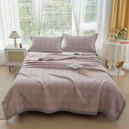 Grey and Pink Cotton Three-Layer Gauze Bed Cover Set - Reversible Vintage Printed Blanket with Two Pillowcases for Year-Round Use(120*150cm).