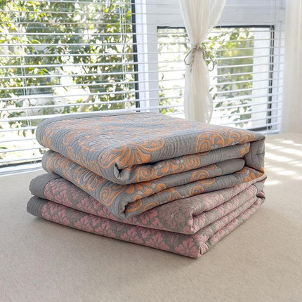 Grey and Pink Cotton Three-Layer Gauze Bed Cover Set - Reversible Vintage Printed Blanket with Two Pillowcases for Year-Round Use(150*200cm).