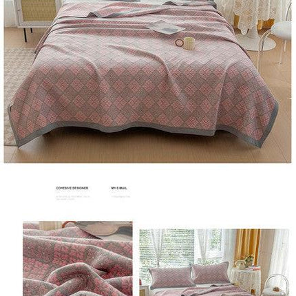 Grey and Pink Cotton Three-Layer Gauze Bed Cover Set - Reversible Vintage Printed Blanket with Two Pillowcases for Year-Round Use(150*200cm).