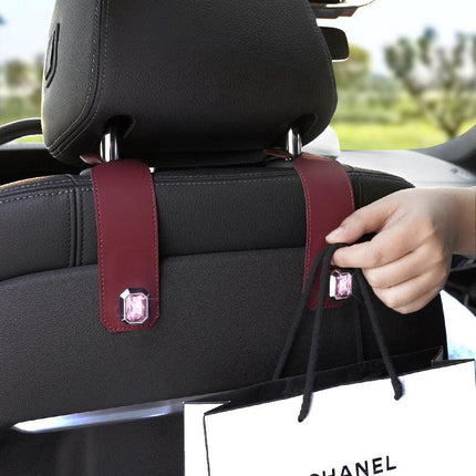 Black Car Multi-Functional PU Leather Hook with Crystal Decoration – Hidden Storage Hook for Front and Rear Seats (Set of 2).