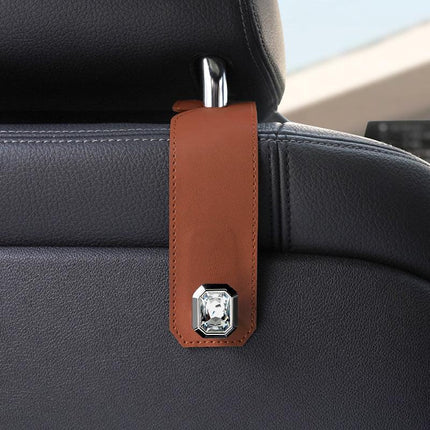Brown Car Multi-Functional PU Leather Hook with Crystal Decoration – Hidden Storage Hook for Front and Rear Seats (Set of 2).