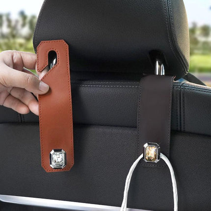 Brown Car Multi-Functional PU Leather Hook with Crystal Decoration – Hidden Storage Hook for Front and Rear Seats (Set of 2).