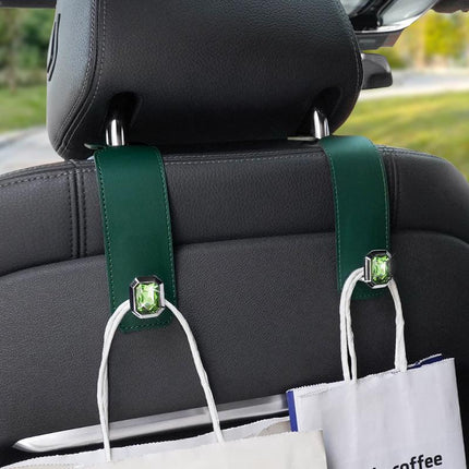 Brown Car Multi-Functional PU Leather Hook with Crystal Decoration – Hidden Storage Hook for Front and Rear Seats (Set of 2).