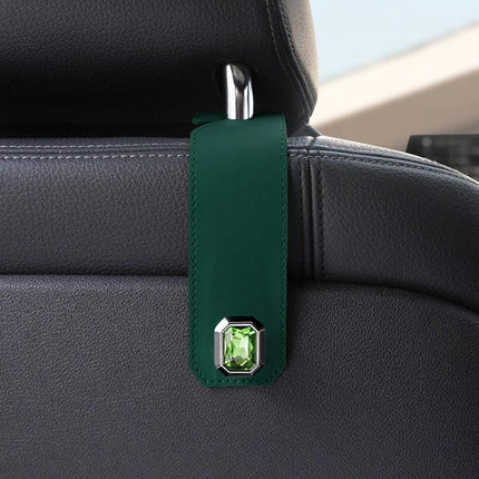 Green Car Multi-Functional PU Leather Hook with Crystal Decoration – Hidden Storage Hook for Front and Rear Seats (Set of 2).