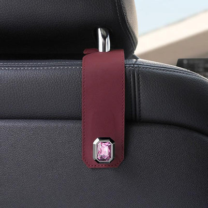 Claret Car Multi-Functional PU Leather Hook with Crystal Decoration – Hidden Storage Hook for Front and Rear Seats (Set of 2).