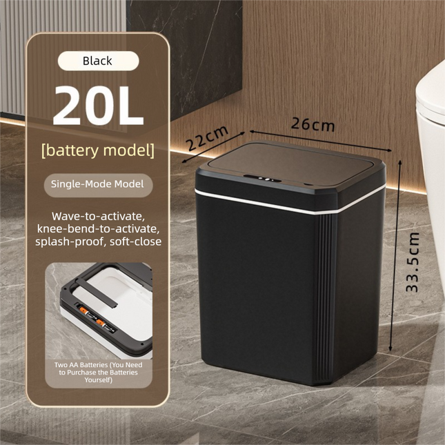 Black Smart Sensor Trash Can – 20L Capacity, Touch-Free Operation with Odor-Blocking & Waterproof Design.