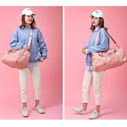 Pink Large Capacity Travel Duffel Bag – Wet & Dry Separation, Shoe Compartment, and Luggage Sleeve for Gym, Yoga, and Short Trips.