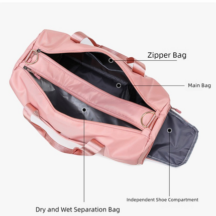 Pink Large Capacity Travel Duffel Bag – Wet & Dry Separation, Shoe Compartment, and Luggage Sleeve for Gym, Yoga, and Short Trips.