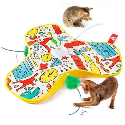 Yellow Interactive Cat Toys Rechargeable,Moving Concealed Feathers,Real Mouse Squeaky,Touch Activated Cat Kitten Toy Exercise Toys for Indoor Bored Adult Cats.