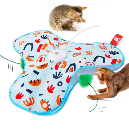 Blue Interactive Cat Toys Rechargeable,Moving Concealed Feathers,Real Mouse Squeaky,Touch Activated Cat Kitten Toy Exercise Toys for Indoor Bored Adult Cats.