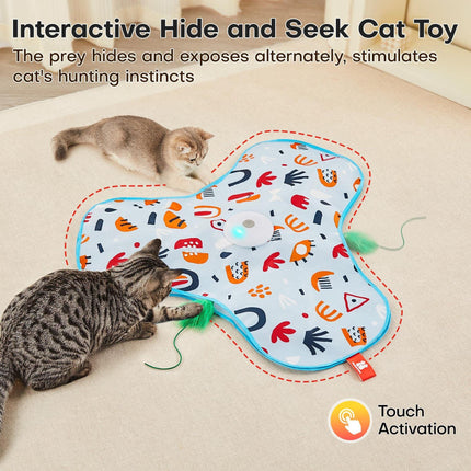 Blue Interactive Cat Toys Rechargeable,Moving Concealed Feathers,Real Mouse Squeaky,Touch Activated Cat Kitten Toy Exercise Toys for Indoor Bored Adult Cats.