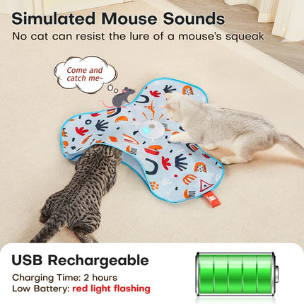 Dark Blue Interactive Cat Toys Rechargeable,Moving Concealed Feathers,Real Mouse Squeaky,Touch Activated Cat Kitten Toy Exercise Toys for Indoor Bored Adult Cats.