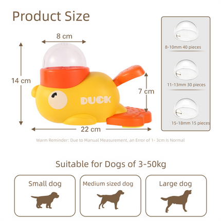 Yellow Interactive Duck-Shaped Automatic Pet Feeder – Smart Treat Dispenser for Cats & Dogs with 3 Adjustable Port Sizes.