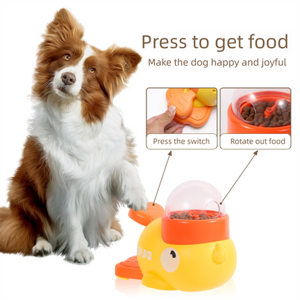 Yellow Interactive Duck-Shaped Automatic Pet Feeder – Smart Treat Dispenser for Cats & Dogs with 3 Adjustable Port Sizes.