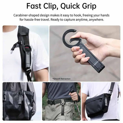 Black Magnetic Phone Stand with Foldable Tripod & Carabiner Hook – Multi-Functional, Portable Smartphone Holder for Outdoor Use.