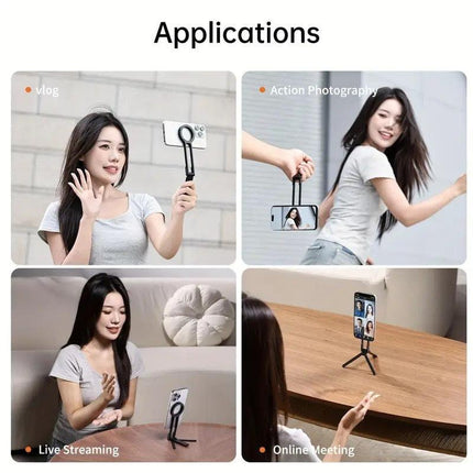Black Magnetic Phone Stand with Foldable Tripod & Carabiner Hook – Multi-Functional, Portable Smartphone Holder for Outdoor Use.