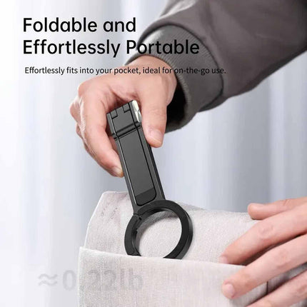 Black Magnetic Phone Stand with Foldable Tripod & Carabiner Hook – Multi-Functional, Portable Smartphone Holder for Outdoor Use.