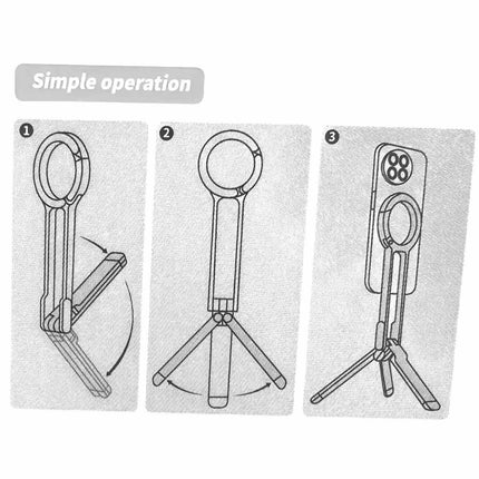 Silver Magnetic Phone Stand with Foldable Tripod & Carabiner Hook – Multi-Functional, Portable Smartphone Holder for Outdoor Use.