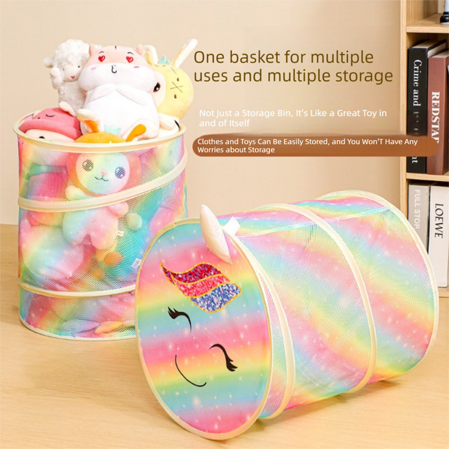 2 Pcs Cute Unicorn Design Foldable Mesh Storage Basket – Rainbow-Colored Toy Organizer for Plushies, Dolls & Kids' Toys.