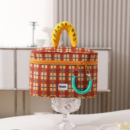 Orange plaid Portable Makeup Bag – Large Capacity, Multi-Compartment Cosmetic Organizer for Women (22×13×15cm).